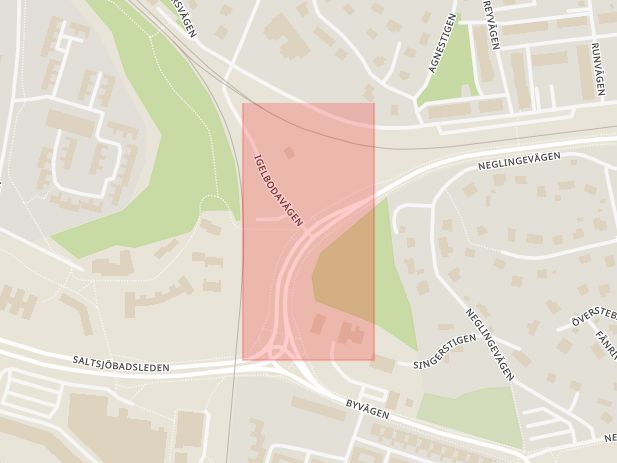 Karta som med röd fyrkant ramar in Saltsjöbaden, Igelbodavägen, Stockholmsvägen, Nacka, Stockholms län