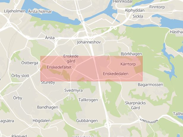 Karta som med röd fyrkant ramar in Enskede, Sockenvägen, Nacka Kommun, Stockholm, Stockholms län