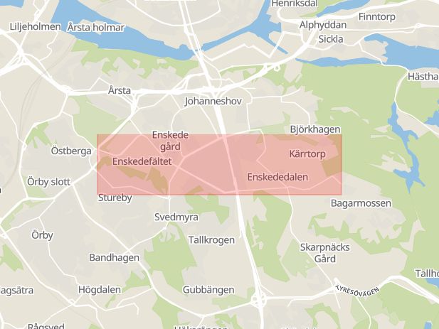 Karta som med röd fyrkant ramar in Hagtornsvägen, Enskededalen, Gamla Tyresövägen, Sockenvägen, Stockholm, Stockholms län