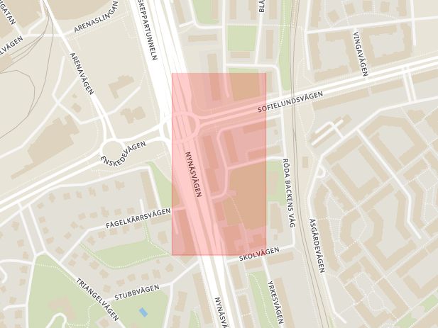 Karta som med röd fyrkant ramar in Gamla Enskede, Glasmålarvägen, Stockholm, Stockholms län