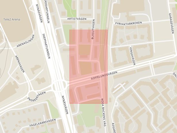 Karta som med röd fyrkant ramar in Gamla Enskede, Sofielundsplan, Stockholm, Stockholms län