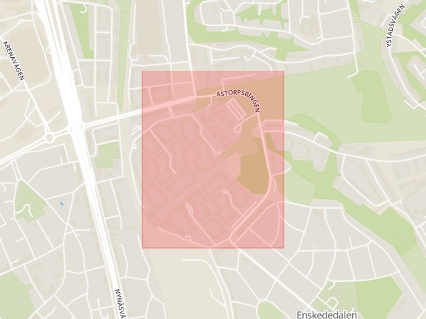 Karta som med röd fyrkant ramar in Gamla Enskede, Spånga, Åstorpsringen, Stockholm, Stockholms län