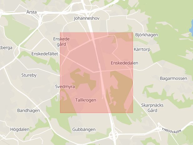 Karta som med röd fyrkant ramar in Enskede, Gamla Enskede, Stockholm, Stockholms län