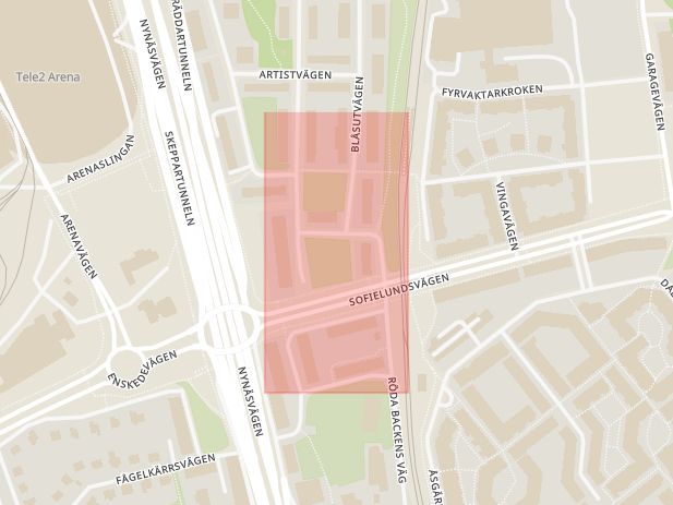 Karta som med röd fyrkant ramar in Sofielundsplan, Stockholm, Stockholms län