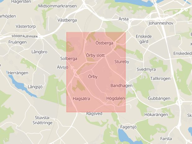Karta som med röd fyrkant ramar in Huddingevägen, Stockholm, Stockholms län