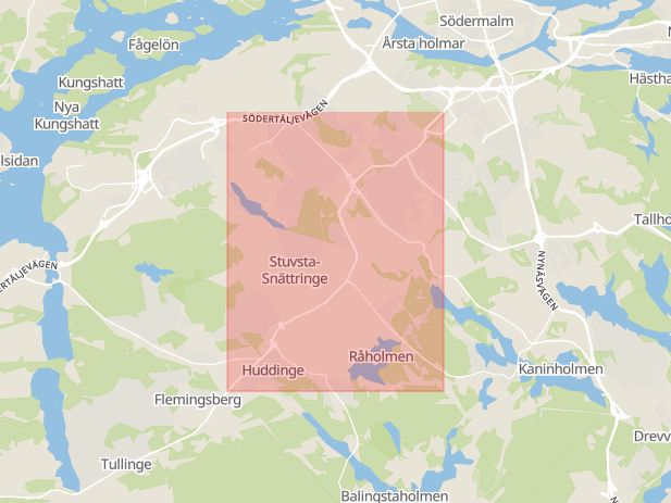 Karta som med röd fyrkant ramar in Huddingevägen, Stockholm, Ringvägen, Bangatan, Södertälje, Wallingatan, Lännavägen, Stockholms län