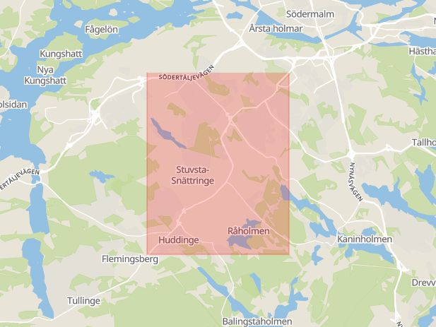 Karta som med röd fyrkant ramar in Huddingevägen, Stockholm, Stockholms län