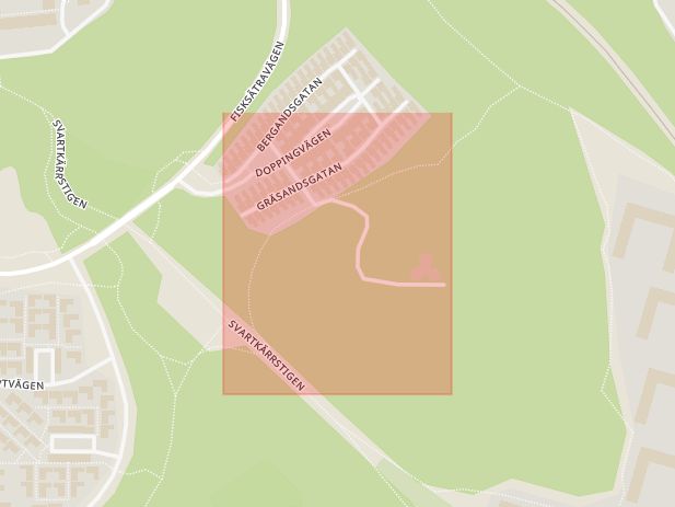 Karta som med röd fyrkant ramar in Gräsandsgatan, Nacka, Stockholms län