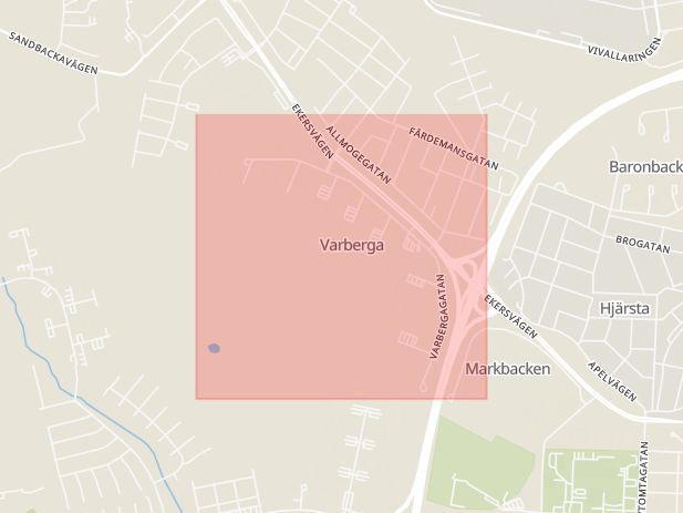 Karta som med röd fyrkant ramar in Varberga, Varbergagatan, Örebro, Örebro län