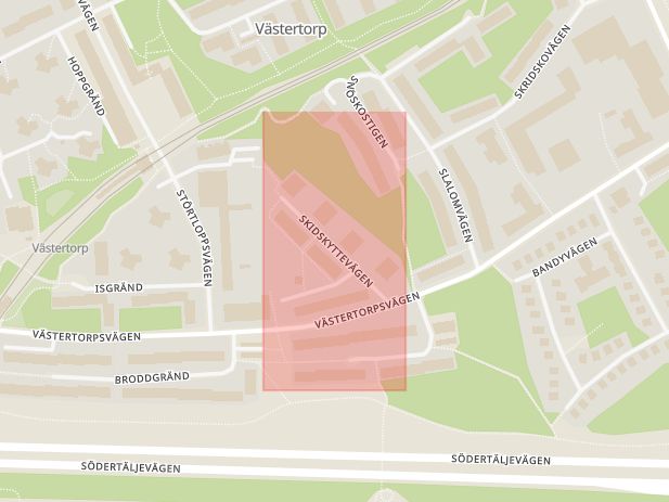 Karta som med röd fyrkant ramar in Västertorp, Skidskyttevägen, Stockholm, Stockholms län