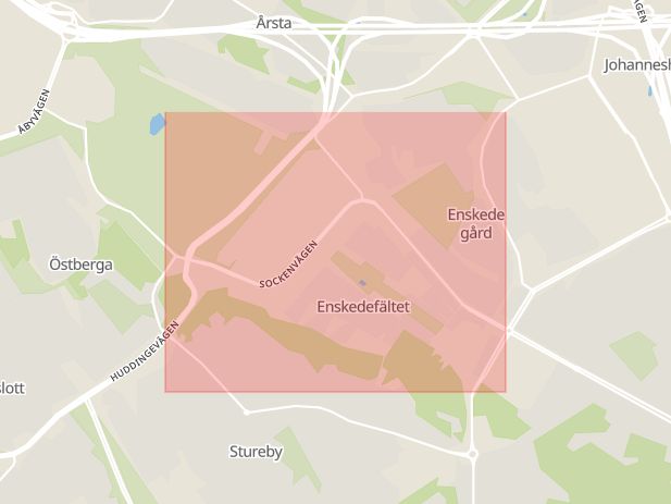 Karta som med röd fyrkant ramar in Enskedefältet, Hallå, Stureby, Stockholm, Stockholms län