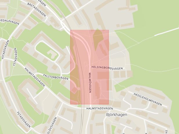 Karta som med röd fyrkant ramar in Björkhagen, Malmövägen, Helsingborgsvägen, Stockholm, Stockholms län