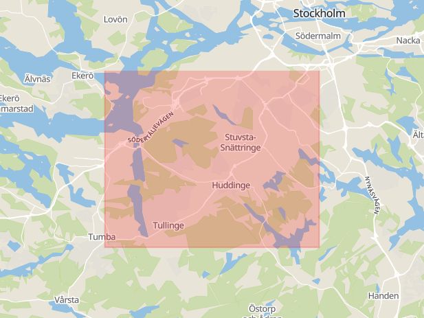 Karta som med röd fyrkant ramar in Stuvsta, Huddingevägen, Hagsätra, Tullinge, Älgskyttevägen, Huddinge, Stockholms län