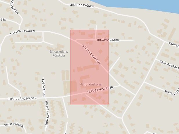 Karta som med röd fyrkant ramar in Närlunda, Ekerö, Stockholms län