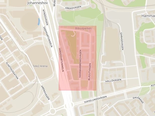 Karta som med röd fyrkant ramar in Blåsutvägen, Johanneshov, Stockholm, Stockholms län