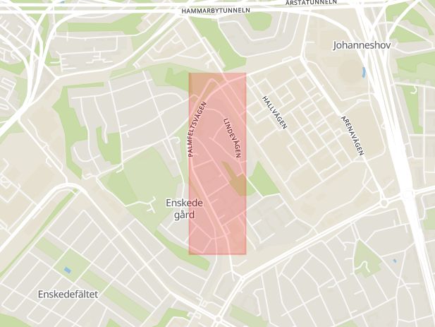 Karta som med röd fyrkant ramar in Palmfeltsvägen, Enskede Gård, Stockholm, Stockholms län