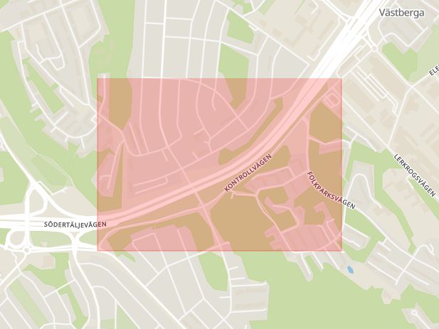 Karta som med röd fyrkant ramar in Solberga, Bagarmossen, Kontrollvägen, Stockholm, Stockholms län