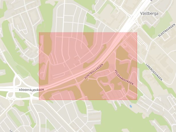 Karta som med röd fyrkant ramar in Solberga, Kontrollvägen, Stockholm, Stockholms län