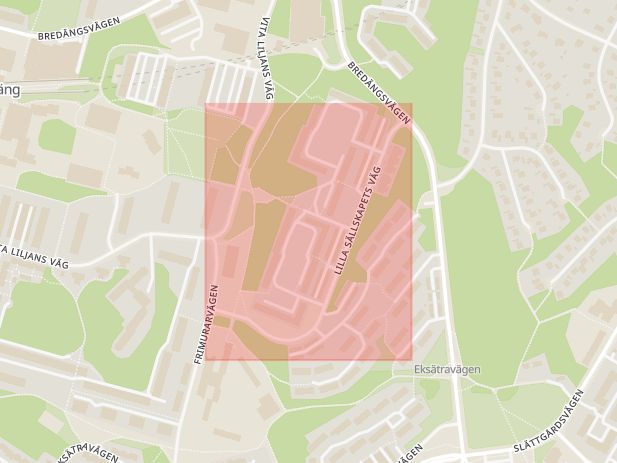 Karta som med röd fyrkant ramar in Lilla Sällskapets Väg, Bredäng, Stockholm, Stockholms län