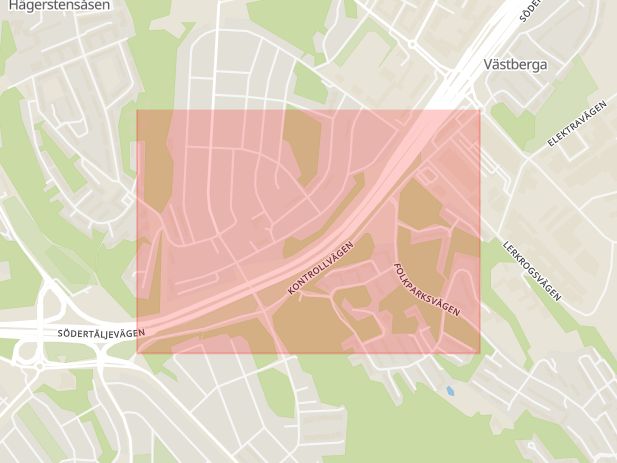 Karta som med röd fyrkant ramar in Västberga, Kontrollvägen, Stockholm, Stockholms län