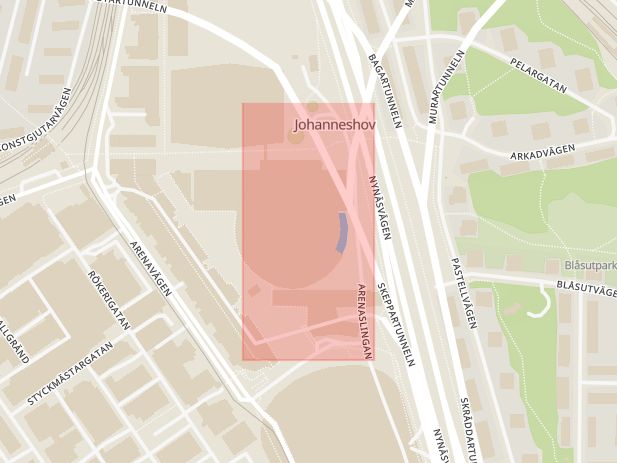 Karta som med röd fyrkant ramar in Nynäsvägen, Globen, Stockholm, Stockholms län