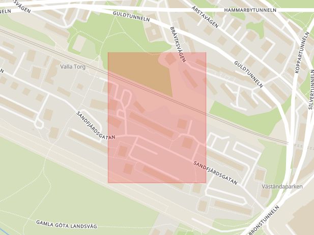 Karta som med röd fyrkant ramar in Valla Torg, Årsta, Stockholm, Stockholms län
