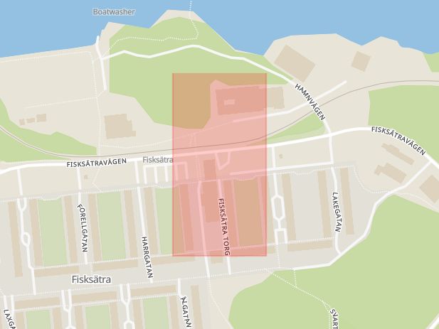 Karta som med röd fyrkant ramar in Fisksätra, Fisksätra Torg, Nacka, Stockholms län