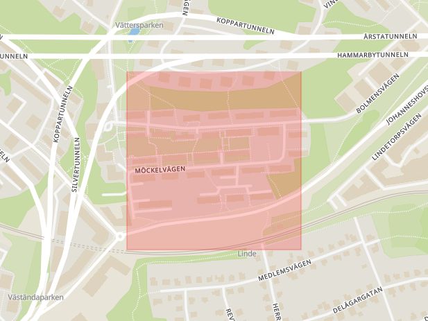 Karta som med röd fyrkant ramar in Årsta, Möckelvägen, Stockholm, Stockholms län