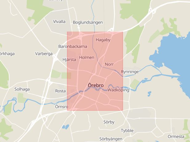 Karta som med röd fyrkant ramar in Östra Bangatan, Örebro, Örebro län