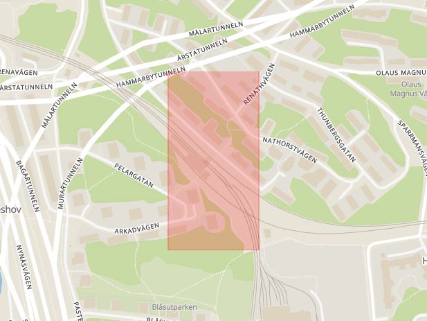 Karta som med röd fyrkant ramar in Hammarbyhöjden, Skärmarbrink, Stockholm, Stockholms län