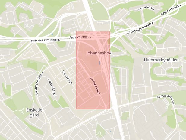 Karta som med röd fyrkant ramar in Arenavägen, Johanneshov, Stockholm, Stockholms län