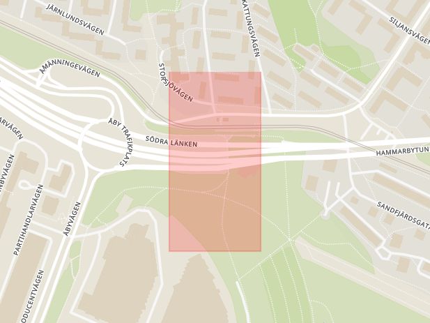 Karta som med röd fyrkant ramar in Södra Länken, Hammarbytunneln, Stockholm, Stockholms län