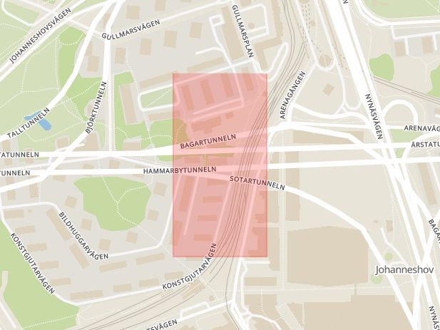 Karta som med röd fyrkant ramar in Johanneshov, Skulptörvägen, Globen, Stockholm, Stockholms län