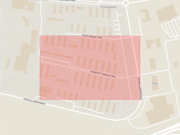 Karta som med röd fyrkant ramar in Vivalla, Författargatan, Örebro, Örebro län