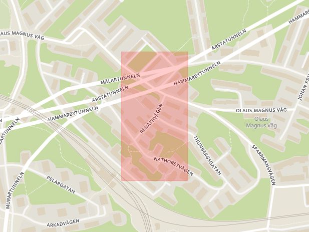 Karta som med röd fyrkant ramar in Hammarbyhöjden, Renathvägen, Thunbergsgatan, Stockholm, Stockholms län