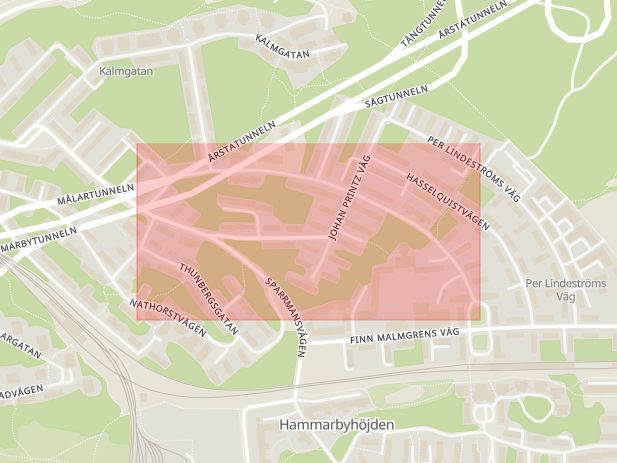 Karta som med röd fyrkant ramar in Hammarbyhöjden, Petrejusvägen, Stockholm, Stockholms län