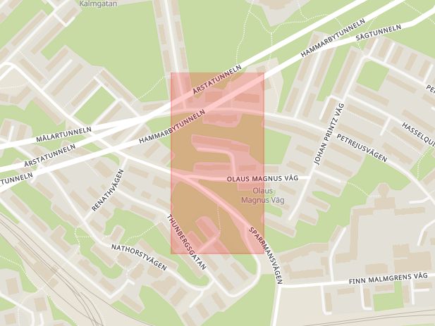 Karta som med röd fyrkant ramar in Hammarbyhöjden, Björnståhlsgatan, Stockholm, Stockholms län