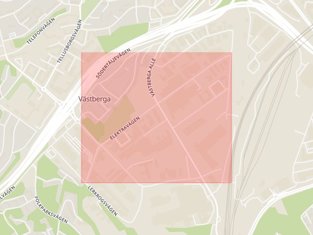 Karta som med röd fyrkant ramar in Västberga, Elektravägen, Stockholm, Stockholms län