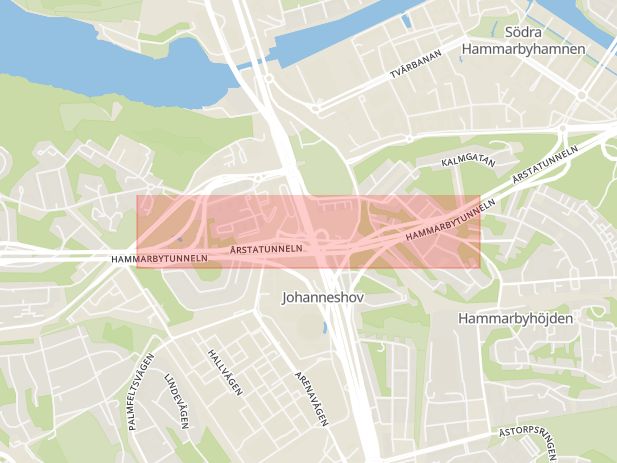 Karta som med röd fyrkant ramar in Johanneshov, Södra Länken, Stockholm, Stockholms län