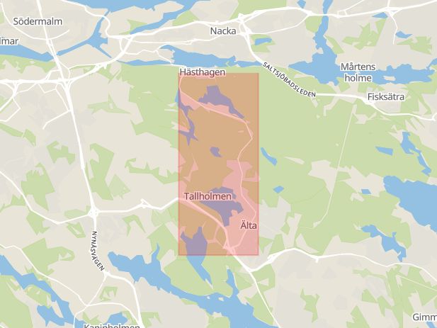 Karta som med röd fyrkant ramar in Älta, Ältavägen, Nacka, Stockholms län