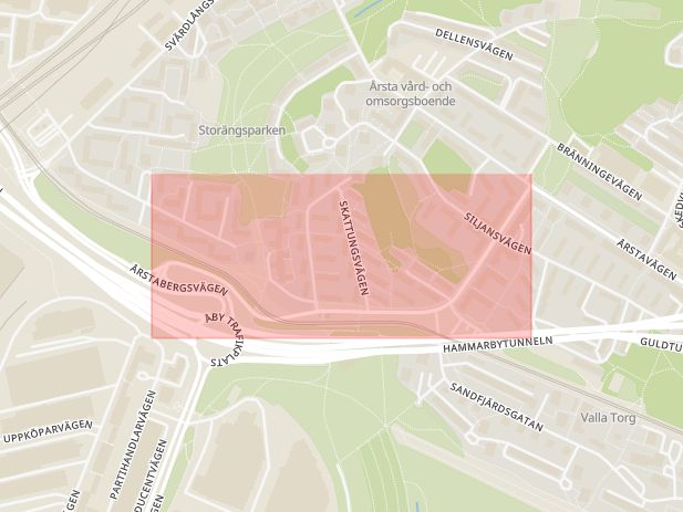Karta som med röd fyrkant ramar in Åmänningevägen, Årsta, Stockholm, Stockholms län