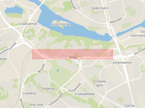 Karta som med röd fyrkant ramar in Jarlaberg, Södra Länken, Årsta, Nacka, Stockholms län