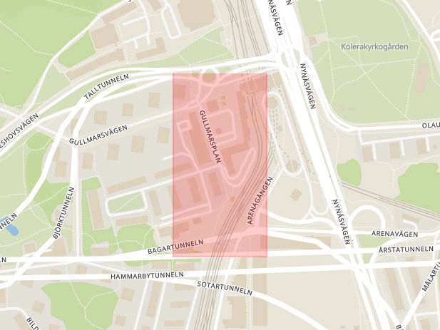 Karta som med röd fyrkant ramar in Gullmarsplan, Grafikvägen, Stockholm, Stockholms län