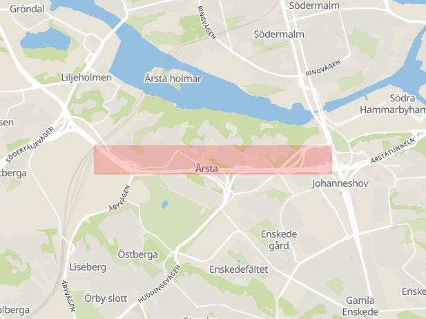 Karta som med röd fyrkant ramar in Södra Länken, Sickla, Årsta, Stockholm, Stockholms län