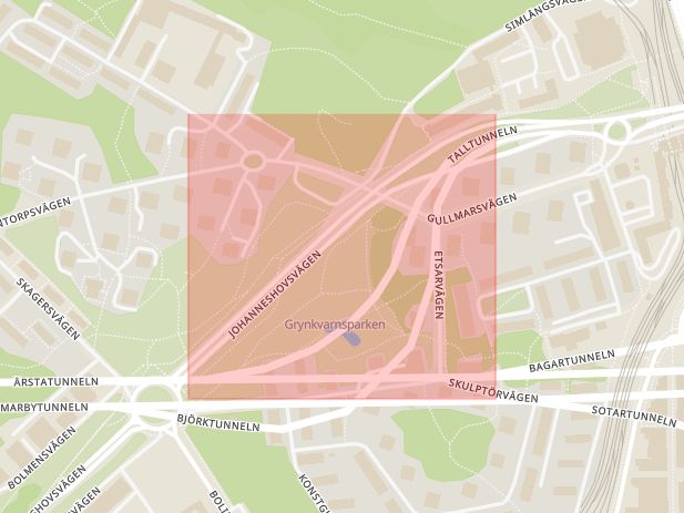 Karta som med röd fyrkant ramar in Talltunneln, Gullmarsplan, Årstatunneln, Stockholm, Stockholms län