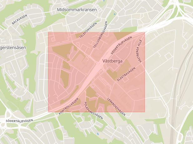 Karta som med röd fyrkant ramar in Södertäljevägen, Västberga, Stockholm, Stockholms län