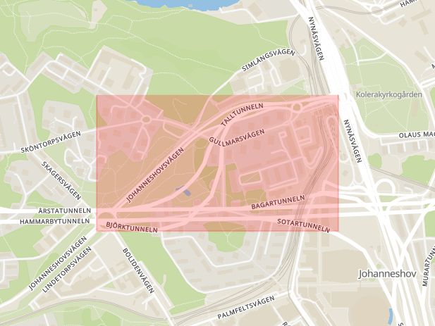 Karta som med röd fyrkant ramar in Johanneshov, Johanneshovsvägen, Stockholm, Stockholms län