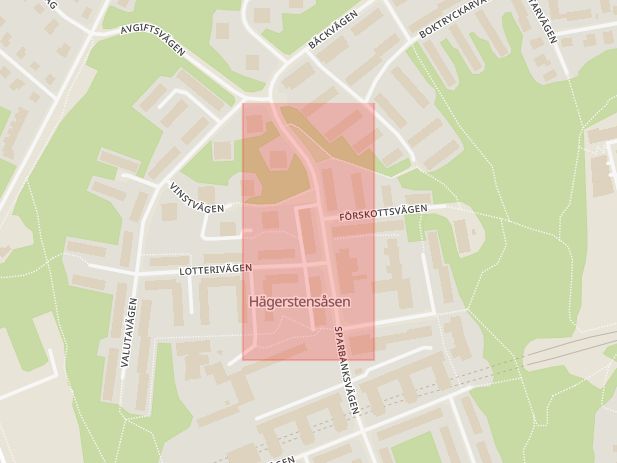 Karta som med röd fyrkant ramar in Sparbanksvägen, Hägerstensåsen, Spel, Stockholm, Stockholms län