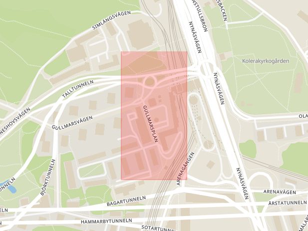 Karta som med röd fyrkant ramar in Hammarbyhöjden, Gullmarsplan, Stockholm, Stockholms län
