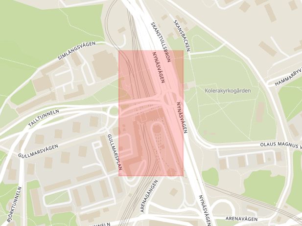 Karta som med röd fyrkant ramar in Hammarbytunneln, Årsta, Gullmarsplan, Stockholm, Stockholms län